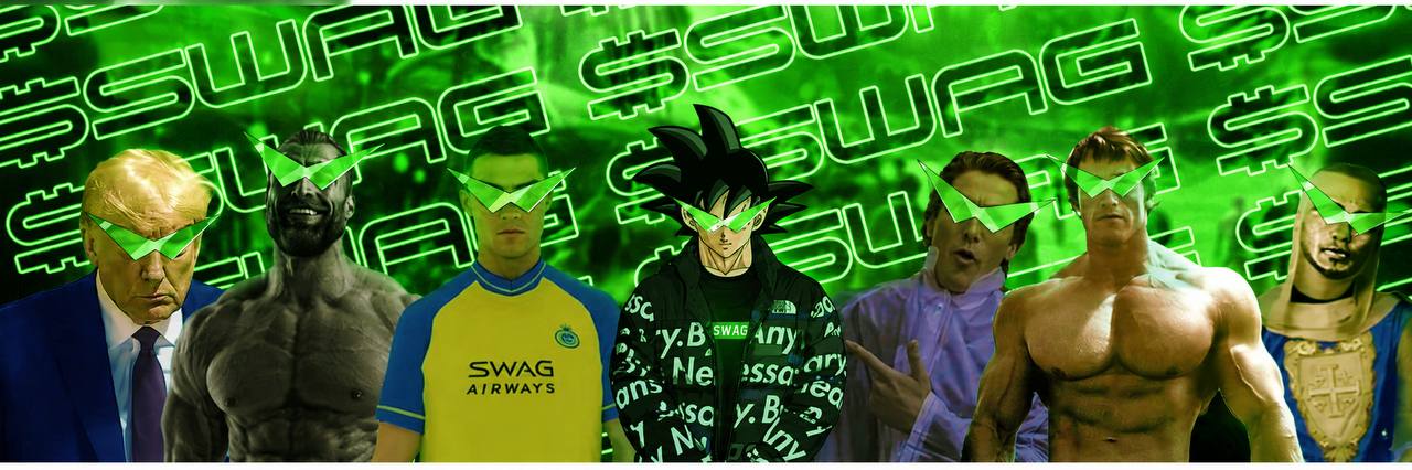 Trump, Gigachad, Ronaldo, Goku, Bateman, Arnold and a knight all wearing the green $SWAG visor